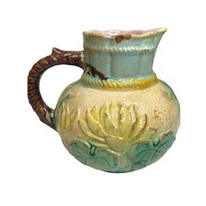 Antique Majolica Water Lily Pond Rope Pitcher Pottery 5 Inch